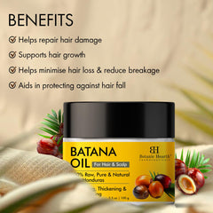 Botanic Hearth Batana Oil packaging scene highlights organic, cold-pressed care.