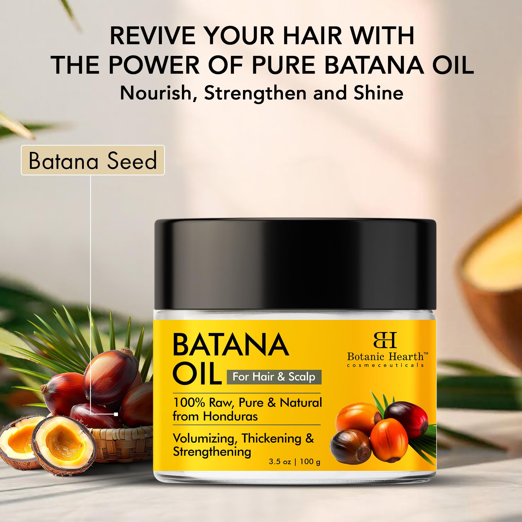 Botanic Hearth Batana Oil bottle on display for scalp nourishment.