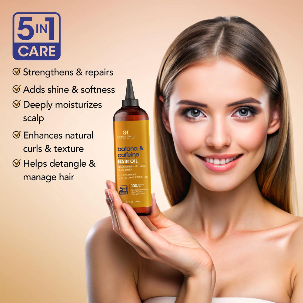 Botanic Hearth caffeine oil bottle highlighting scalp refreshment and balance.