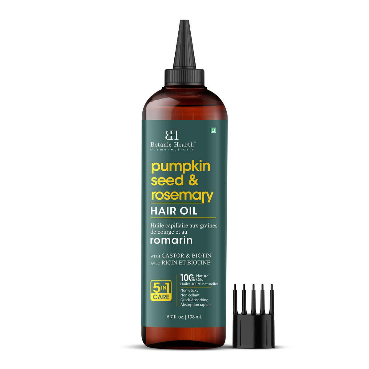 Botanic Hearth hair oil bottle pours for easy scalp nourishment.