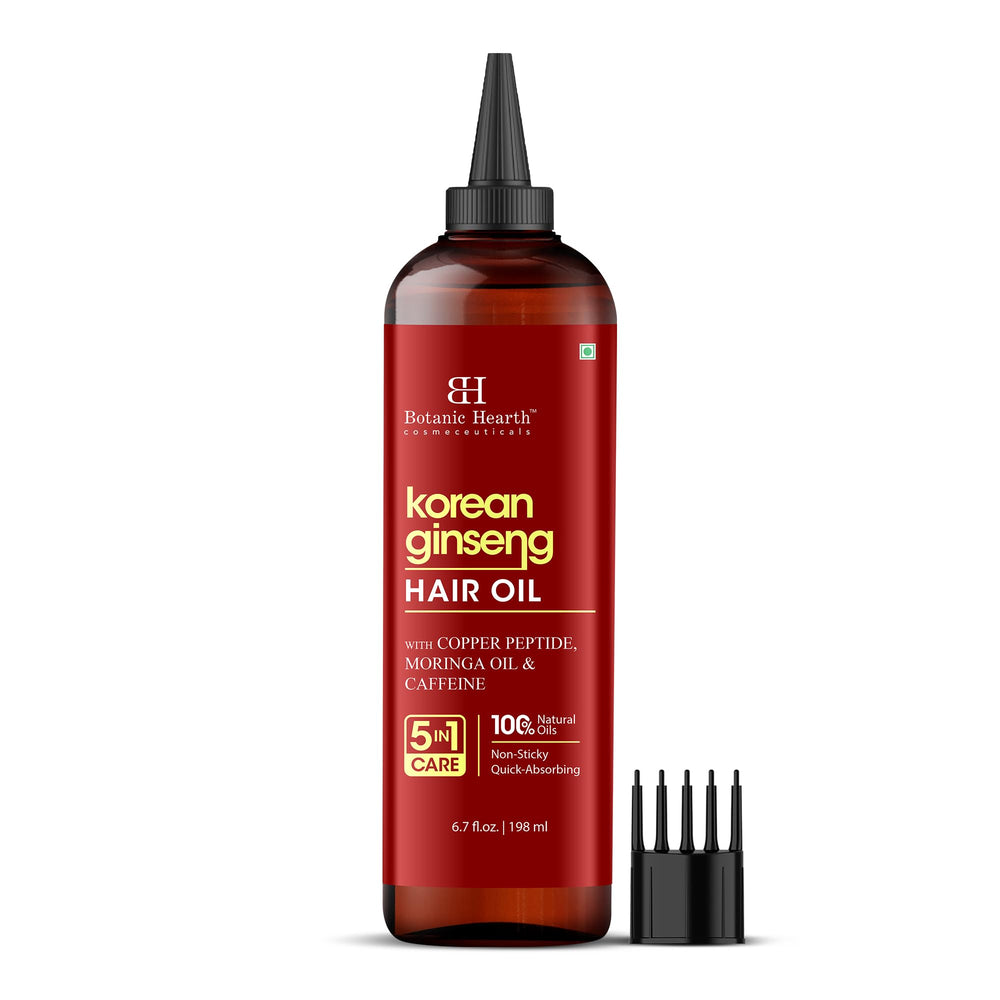 Botanic Hearth Korean Ginseng Hair Oil bottle showing a lightweight, non-greasy formula for daily vitality