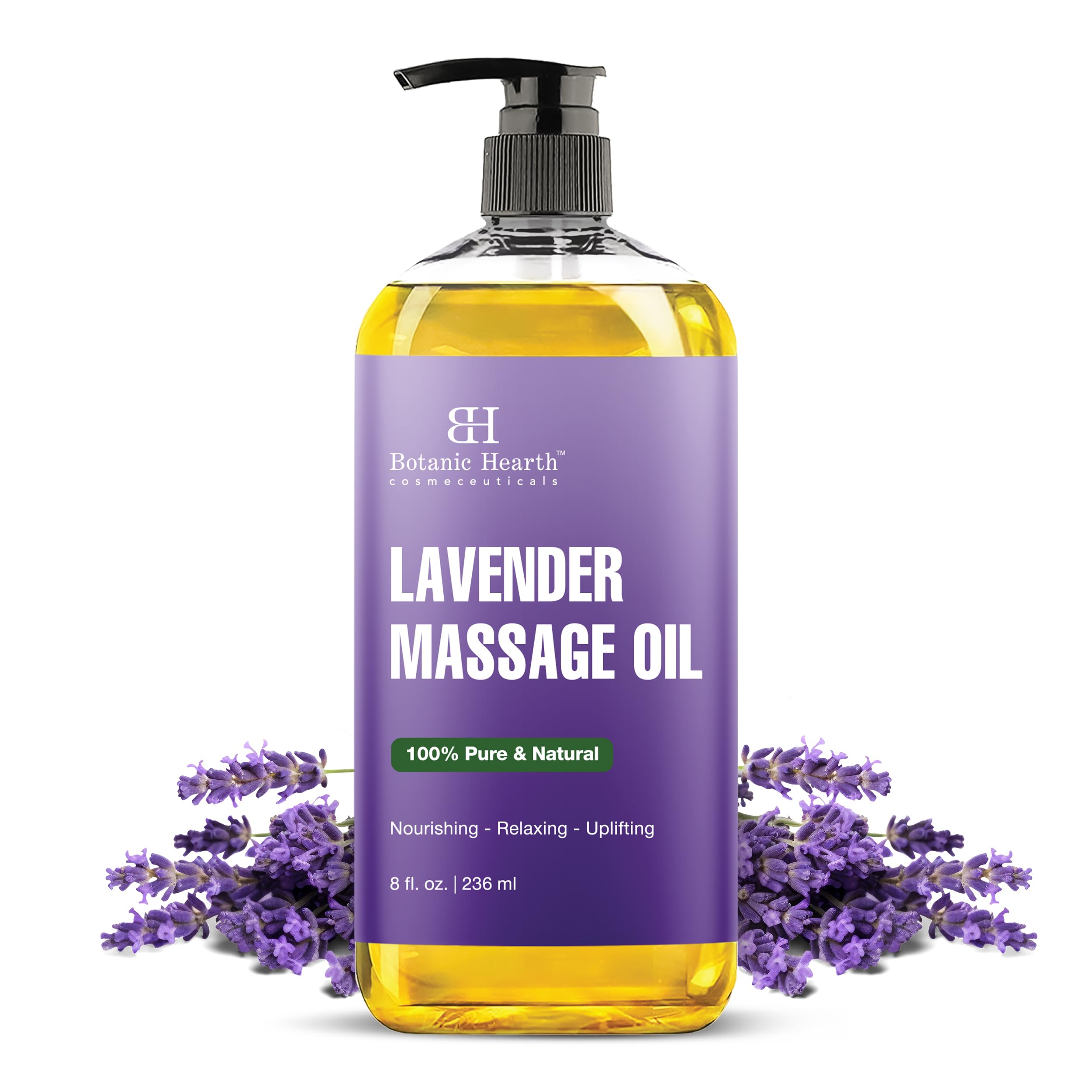 Botanic Hearth Lavender Massage Oil bottle promotes calm, soothing massage sessions.