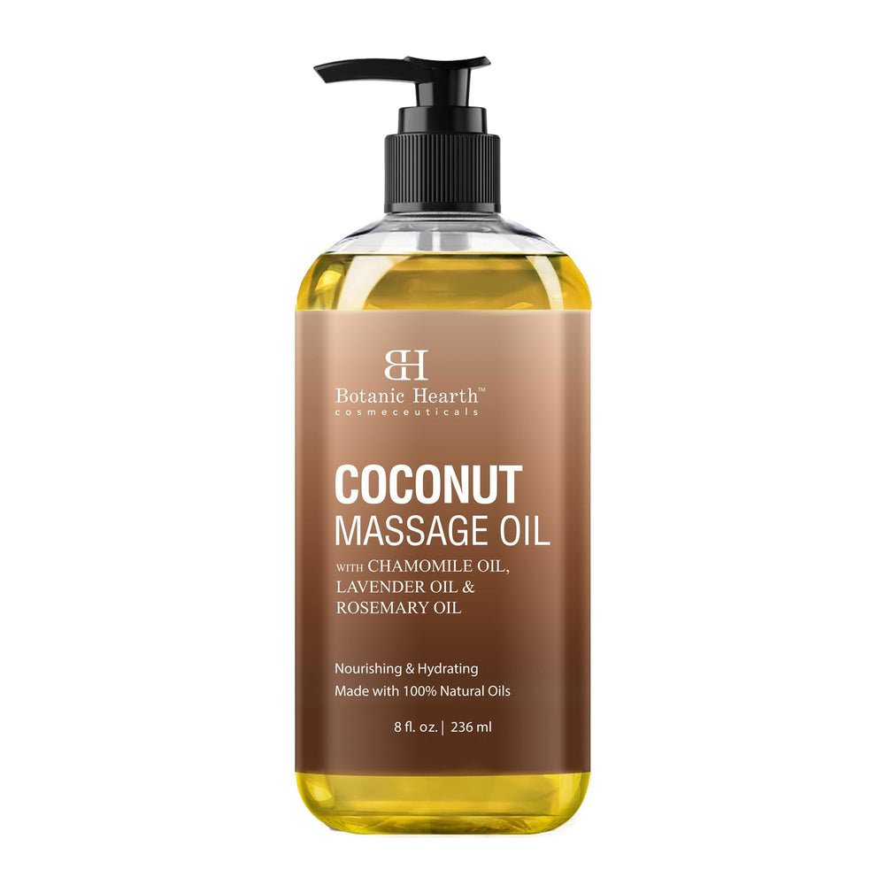 Botanic Hearth Massage Oil bottle closeup highlighting a soothing blend for relaxing massage sessions