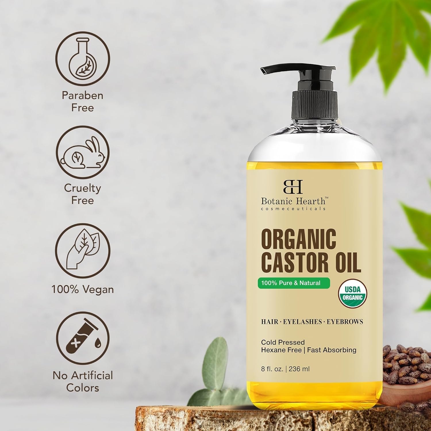 Botanic Hearth Massage Oil close-up shows natural ingredients.