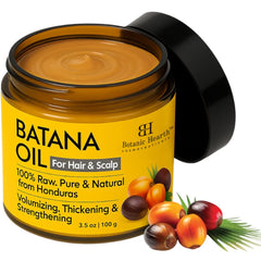 Botanic Hearth Raw Batana Oil bottle close-up showing purity for healthier hair.