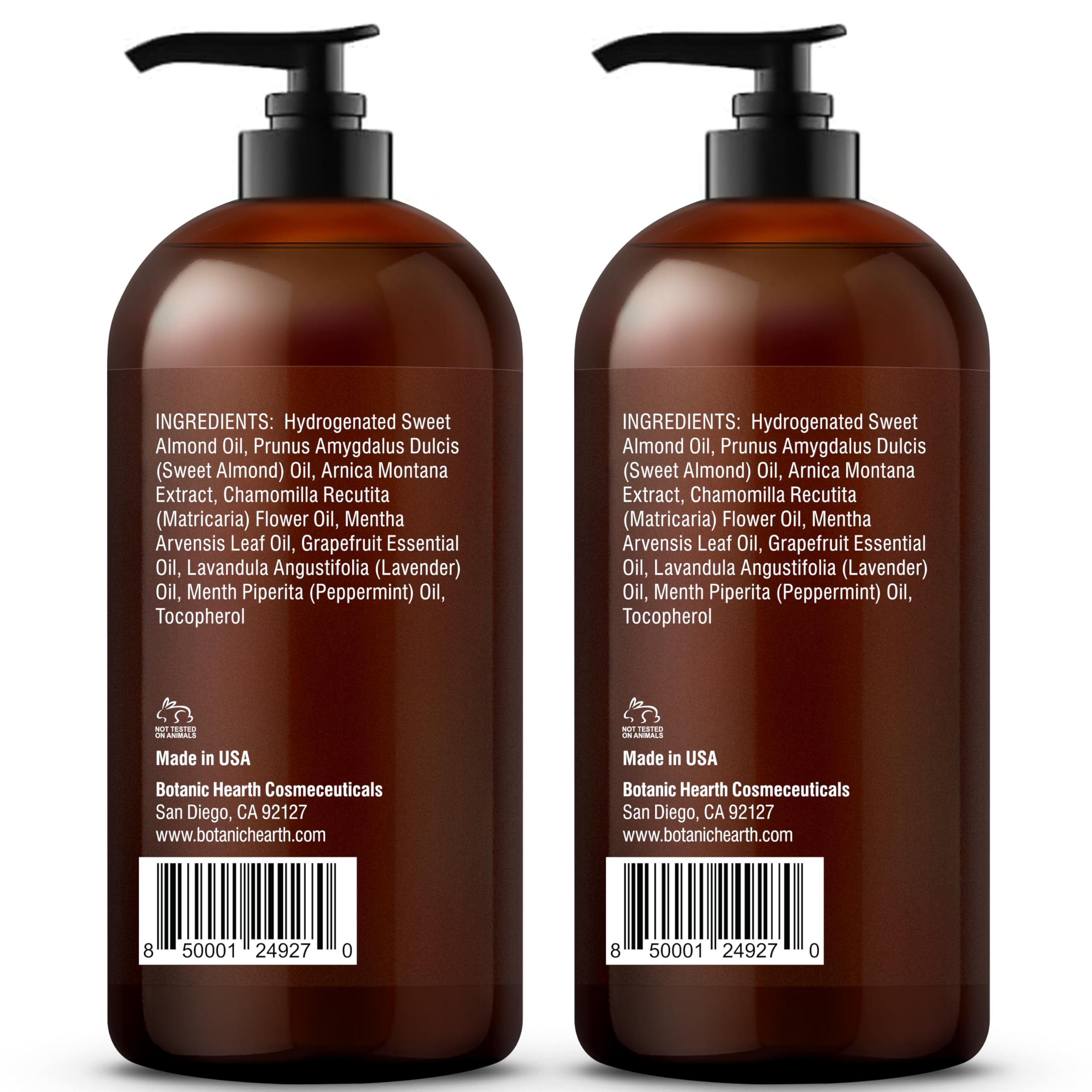 Calming massage aroma from Arnica, Peppermint, and Lavender in Botanic Hearth oil.