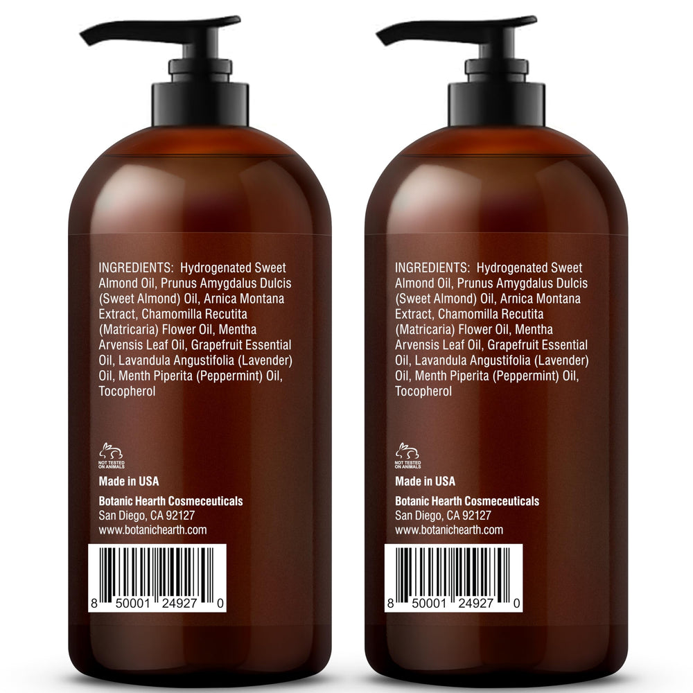 Calming massage aroma from Arnica, Peppermint, and Lavender in Botanic Hearth oil.