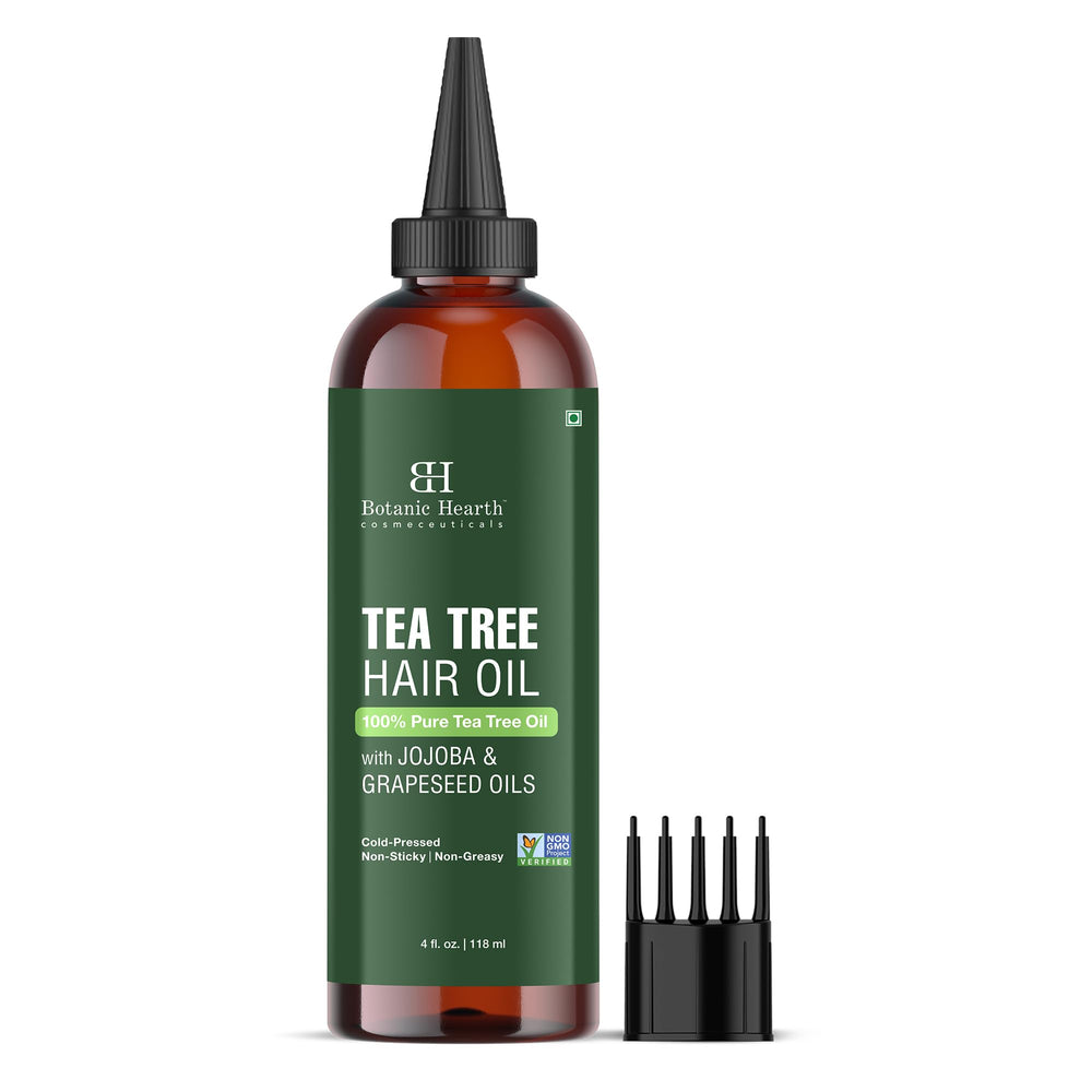 Botanic Hearth Tea Tree Hair Oil pump bottle ready for easy scalp massage.