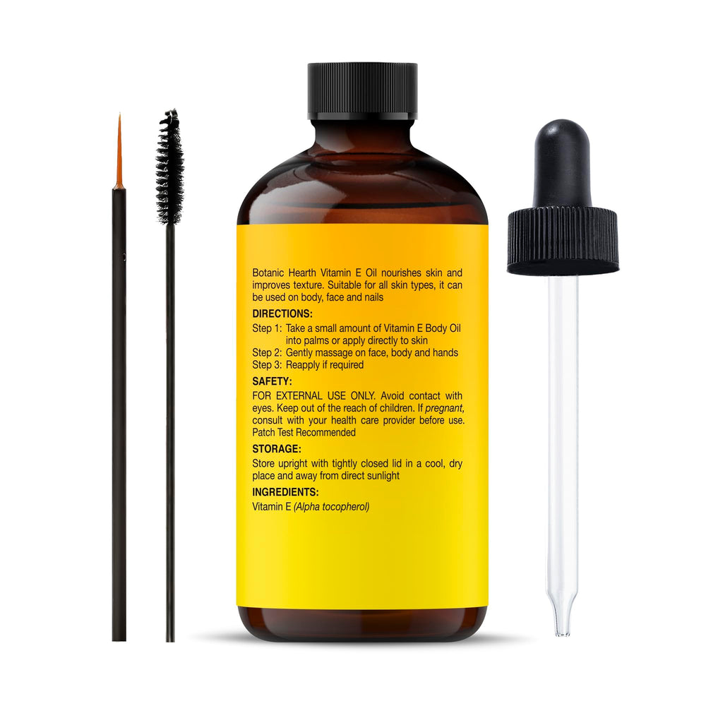 Label closeup of Botanic Hearth Vitamin E Oil emphasizing purity