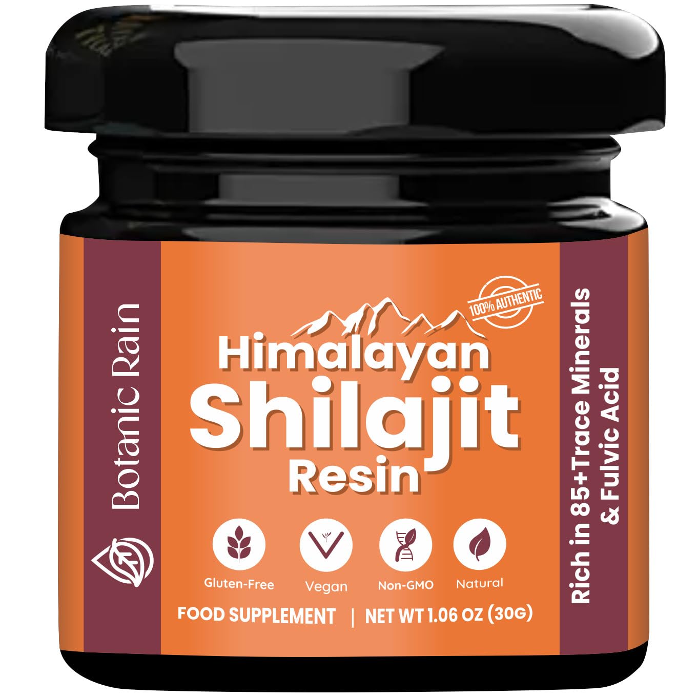 Botanic Rain Shilajit Resin bottle showing premium Himalayan resin for daily energy support