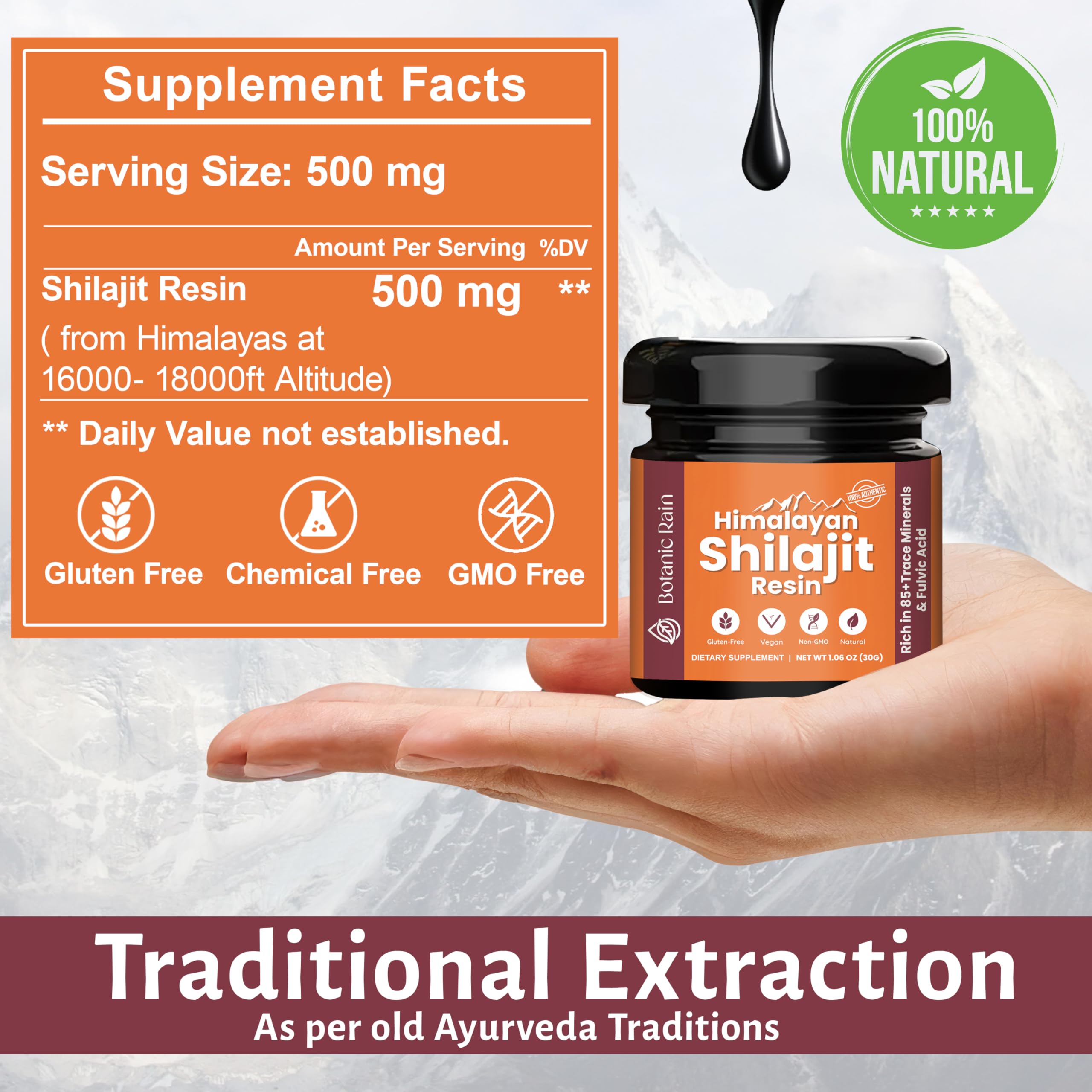 Botanic Rain Shilajit Resin origin from the Himalayan mountains conveys authentic sourcing