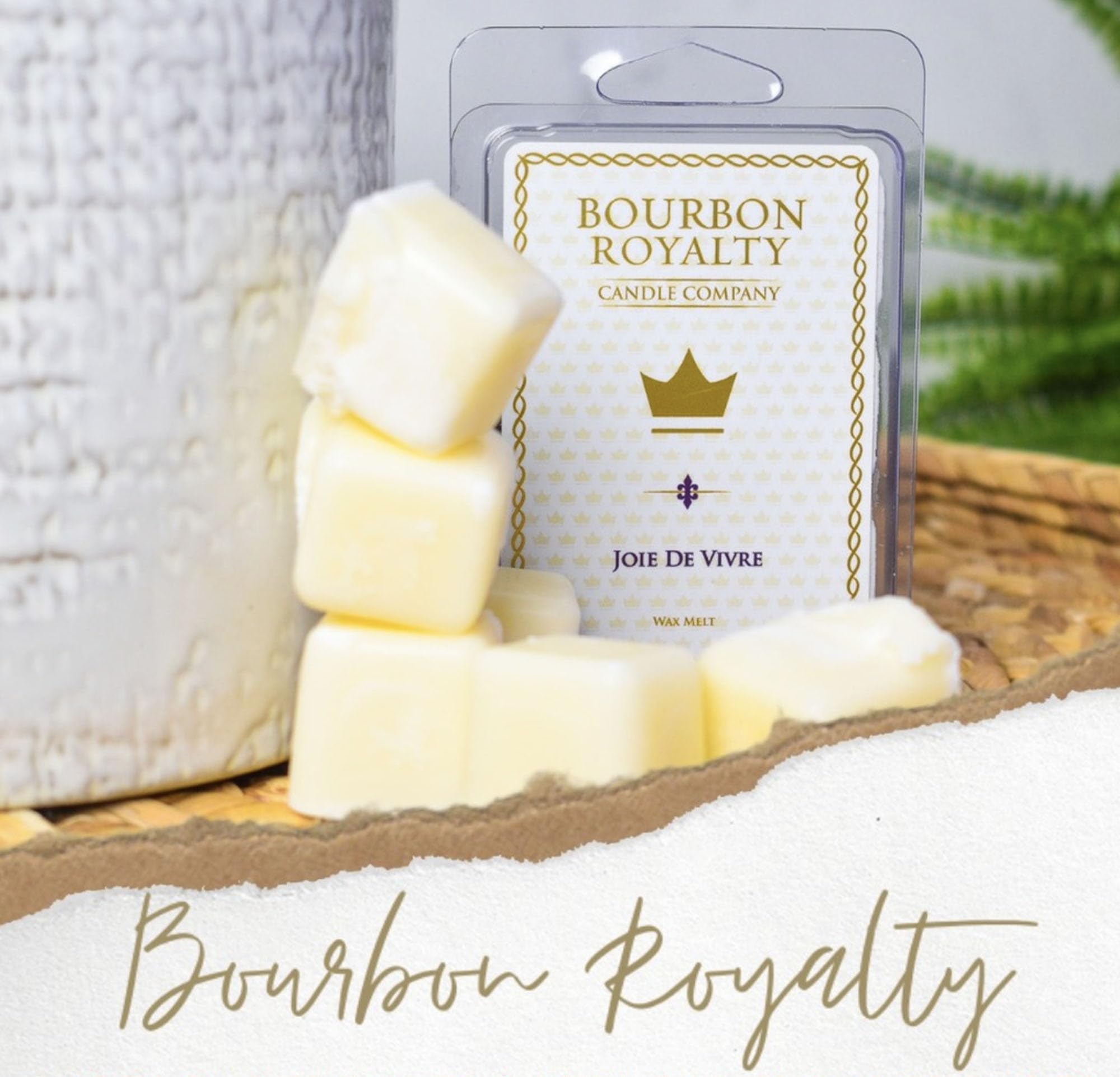 Protective packaging highlights ready-for-gifting Bourbon Royalty wax melts.