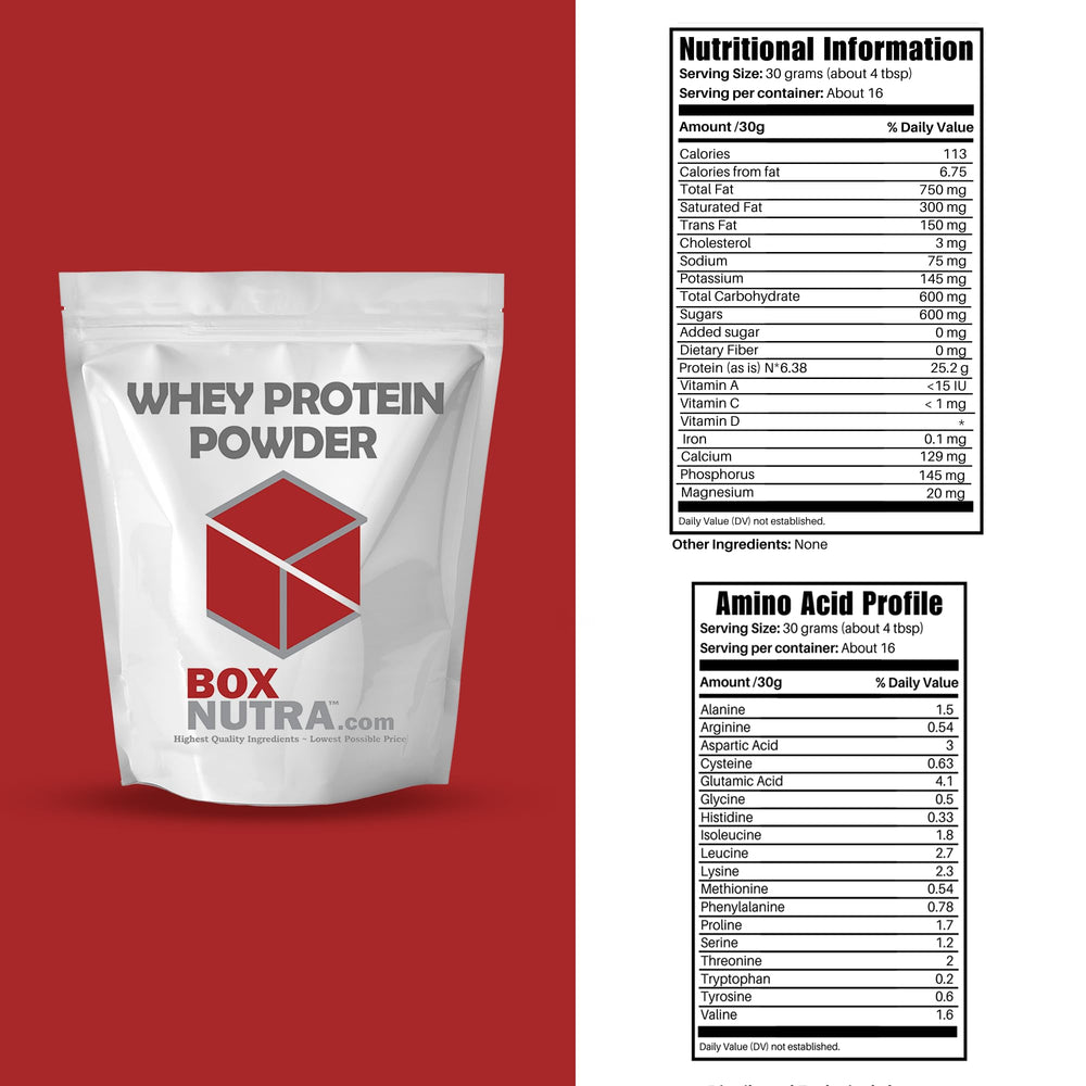 BOX NUTRA Whey Protein Isolate scoop beside powder for muscle recovery shake.