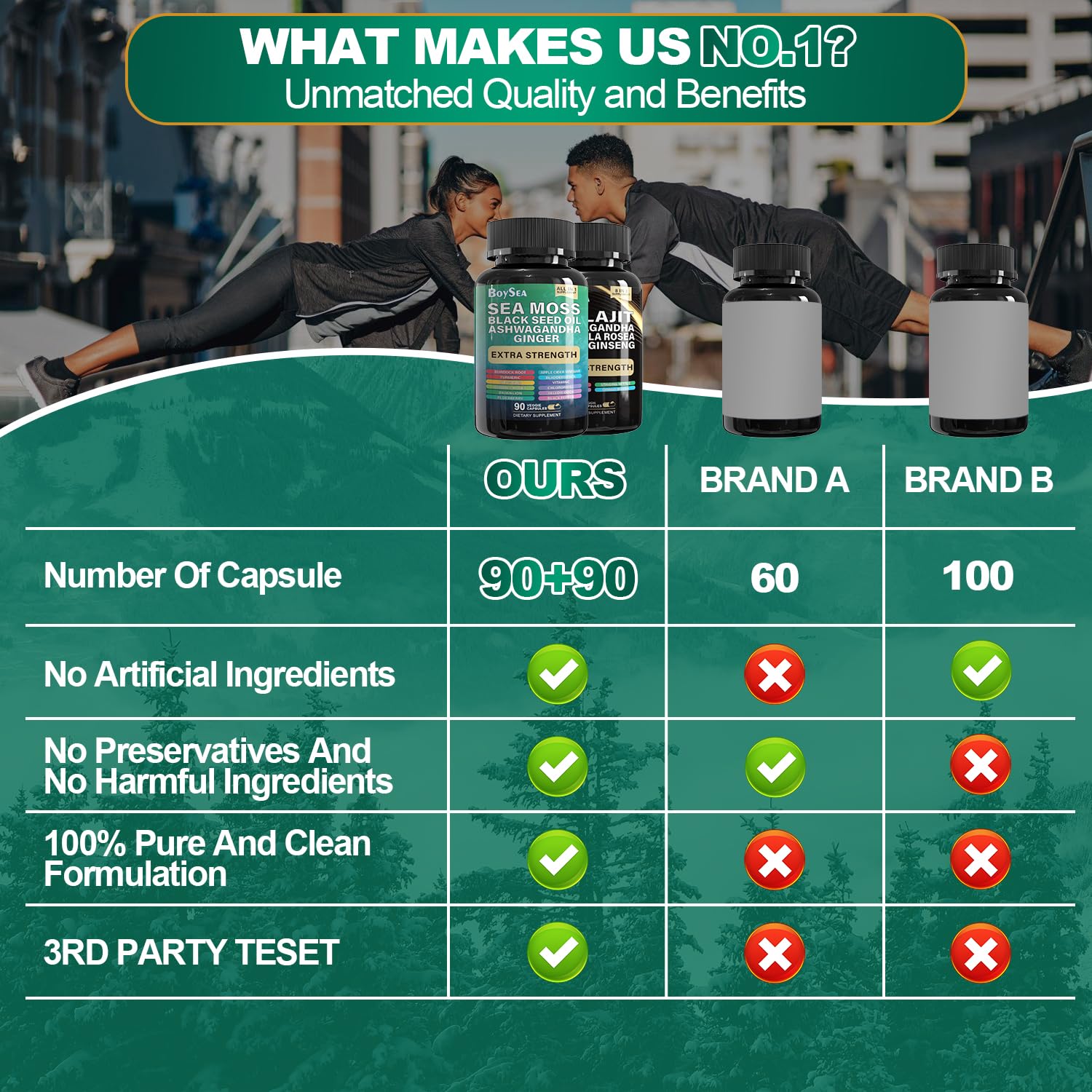 Boysea Sea Moss capsules illustrated with a rich nutrient blend.