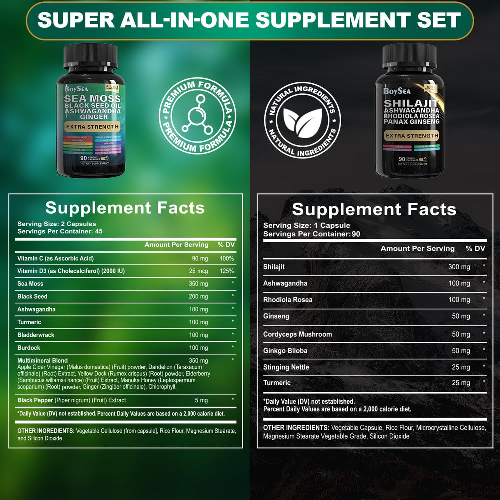 Boysea Shilajit capsules shown for a compact energy and wellness routine.