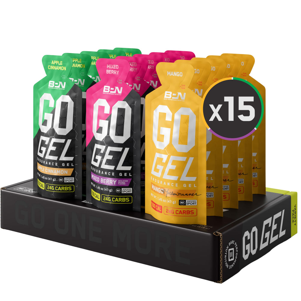 BARE PERFORMANCE NUTRITION Go Gel Endurance Apple Cinnamon packet offers fast, caffeine-free energy for runners.