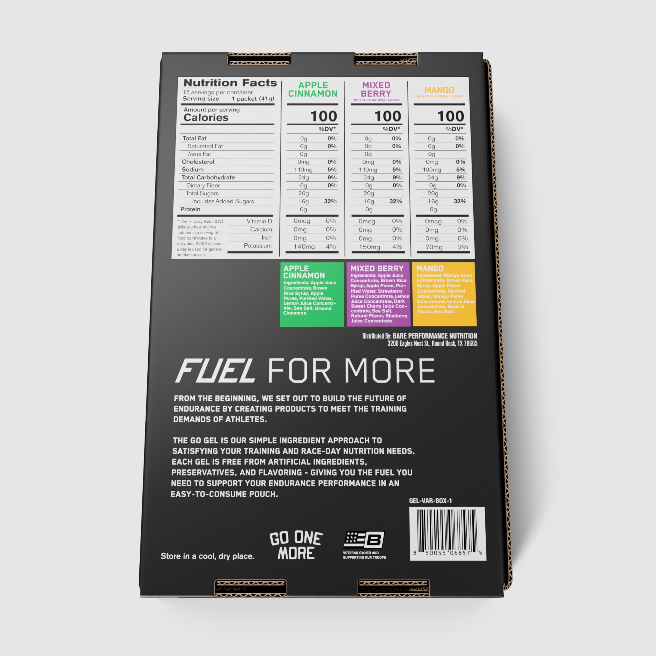 BARE PERFORMANCE NUTRITION Go Gel Endurance compact packaging fits pockets and belts.