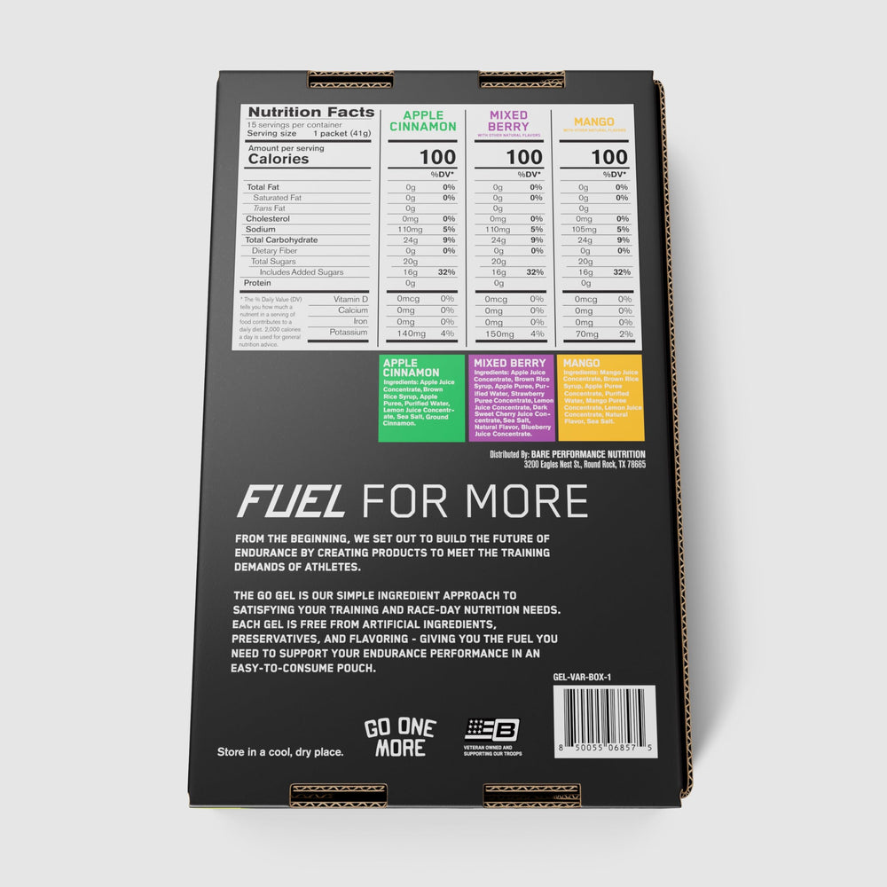 BARE PERFORMANCE NUTRITION Go Gel Endurance compact packaging fits pockets and belts.