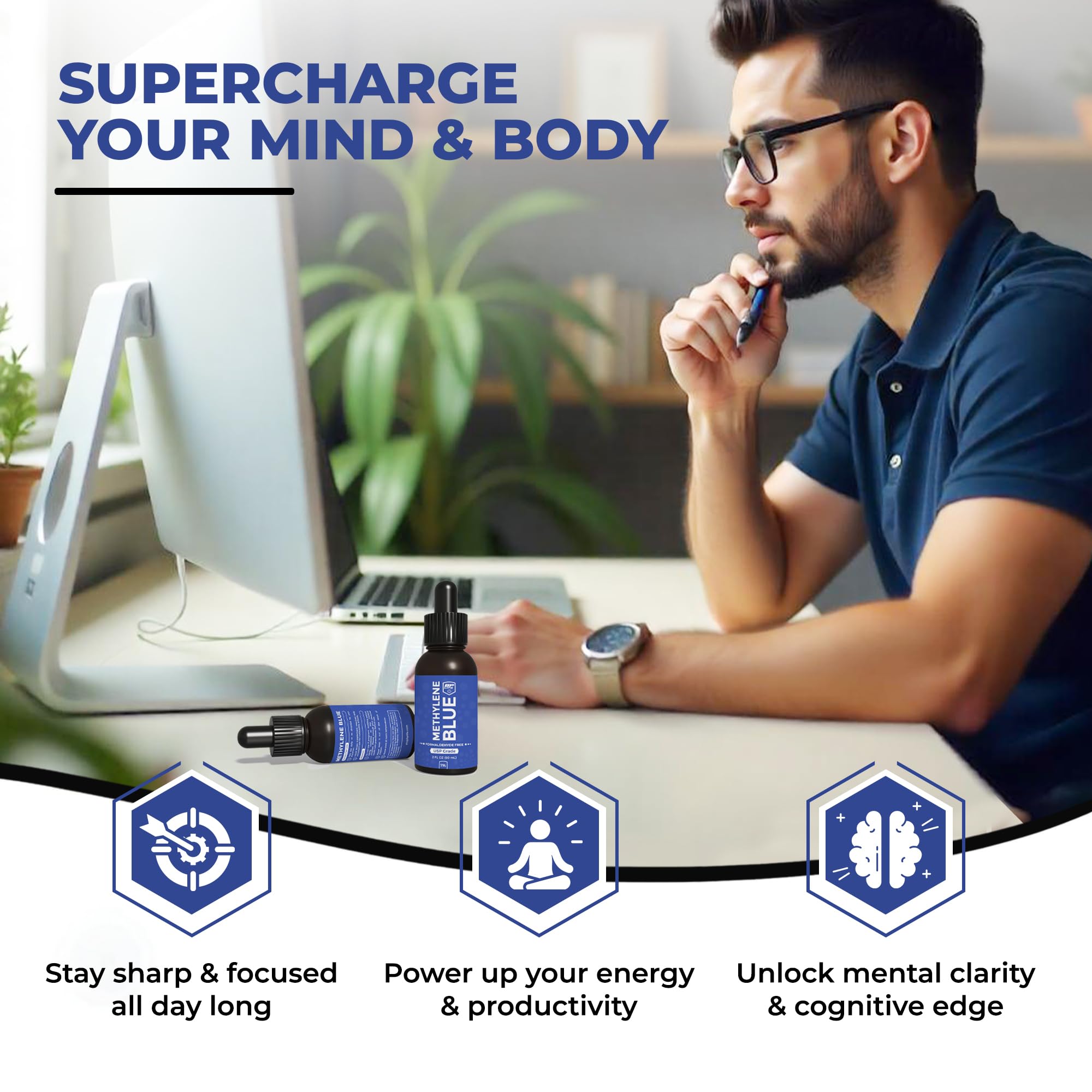 BP Life Methylene Blue Drops next to notebook for study or cognitive routines.