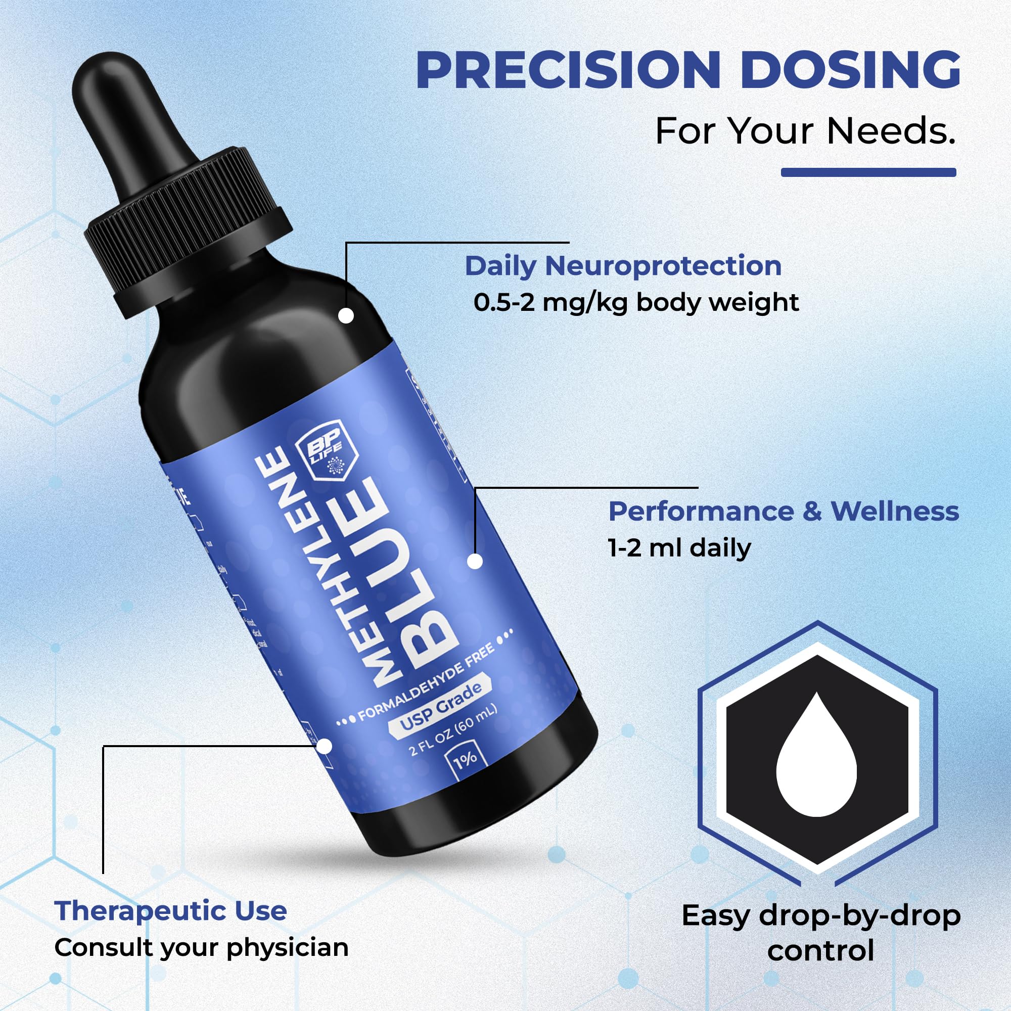 BP Life Methylene Blue Drops label showing 1% USP grade.