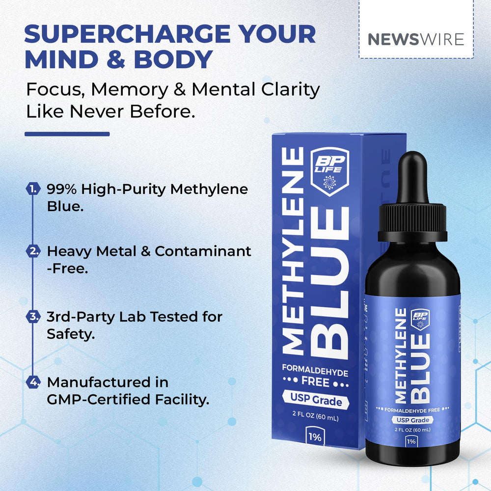 Close-up of measurement marks and cap seal on BP Life Methylene Blue Drops.
