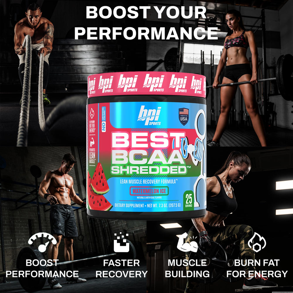BPI Sports Best BCAA Shredded Watermelon Ice packaging highlights caffeine-free formula
