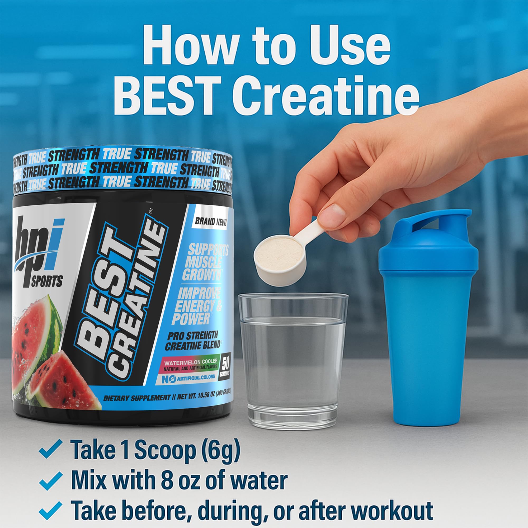 Close-up of BPI Sports Best Creatine bottle logo