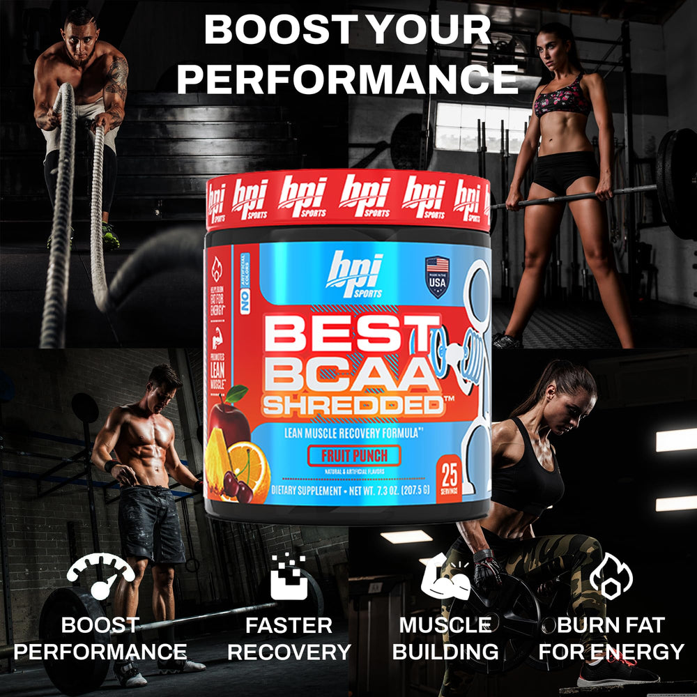 BPI Sports Best BCAA Shredded gym bag-ready tub complements women's and men's training stacks