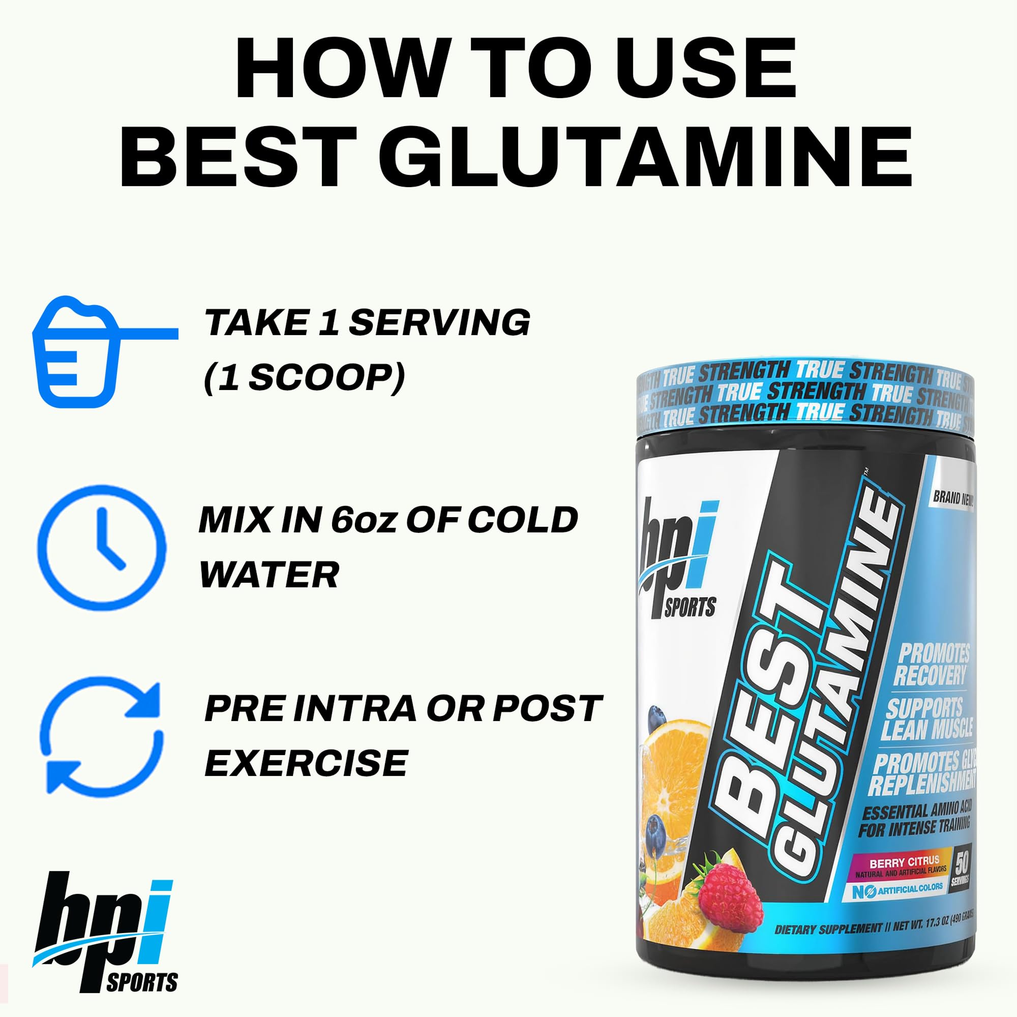 BPI Sports Best Glutamine berry citrus flavor glass highlights flavor during workouts.