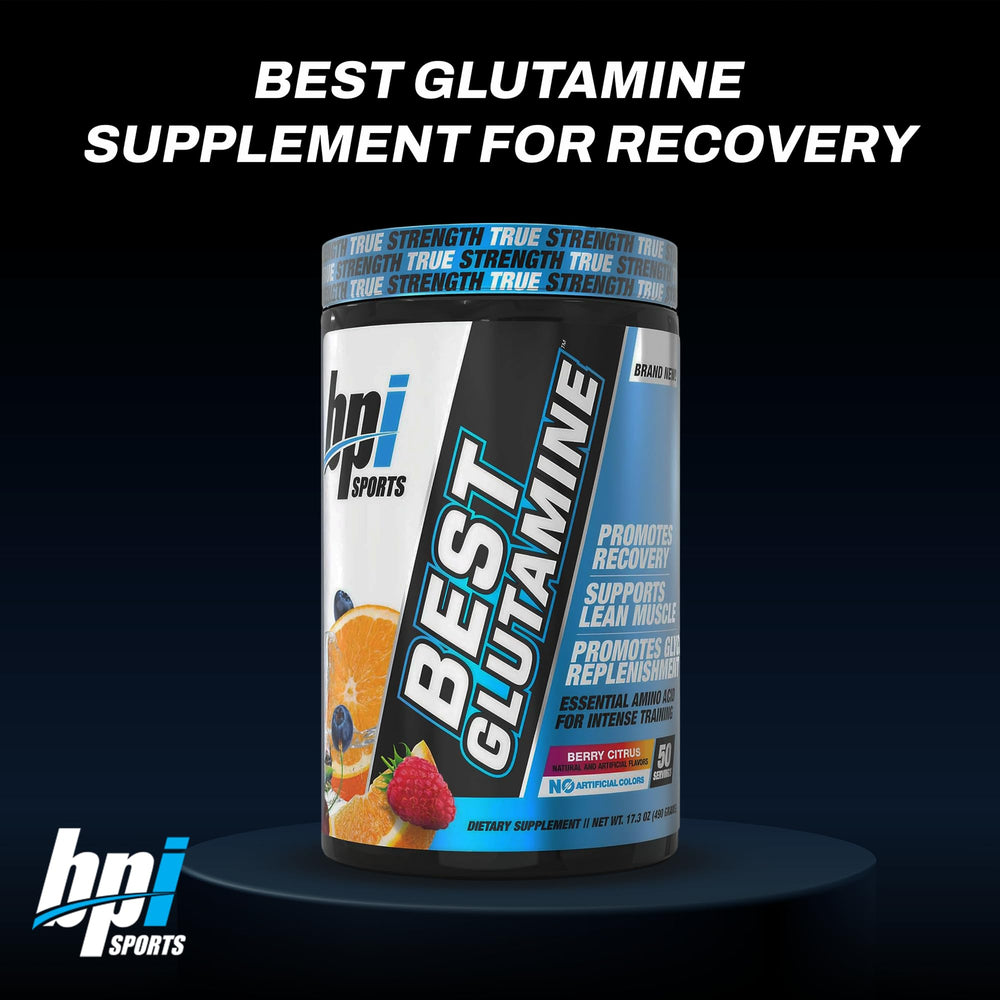 BPI Sports Best Glutamine berry citrus color label close-up highlights premium formula.