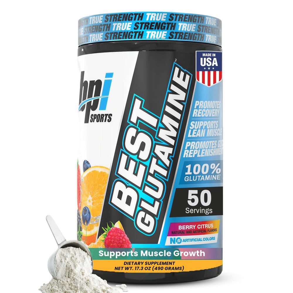 BPI Sports Best Glutamine jar label, clear branding and recovery use.