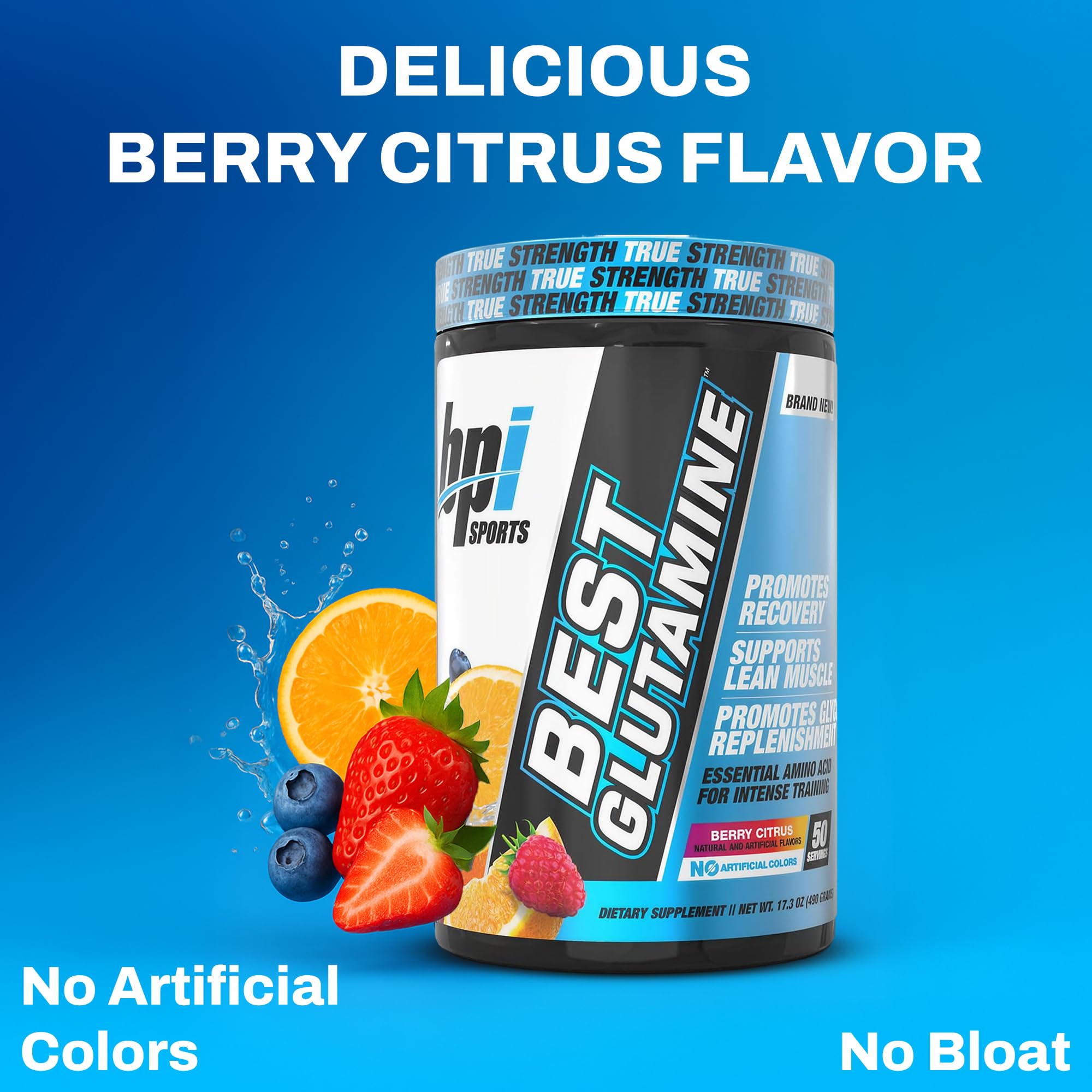 BPI Sports Best Glutamine powder close-up emphasizes texture and mixability for quick recovery.