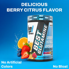 BPI Sports Best Glutamine powder close-up emphasizes texture and mixability for quick recovery.