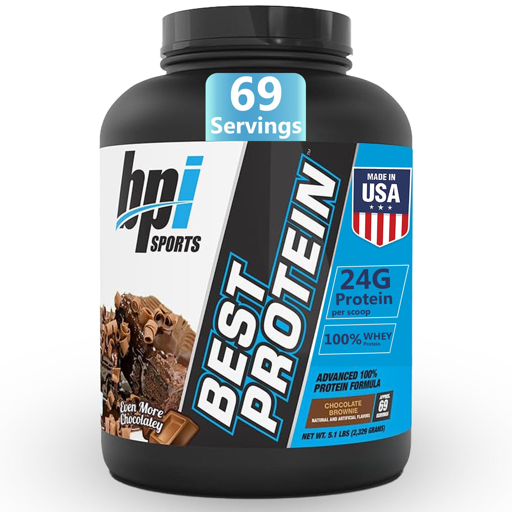 BPI Sports Best Protein bottle label highlights fast-absorbing whey for post-workout support.