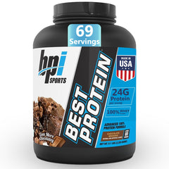 BPI Sports Best Protein bottle label highlights fast-absorbing whey for post-workout support.