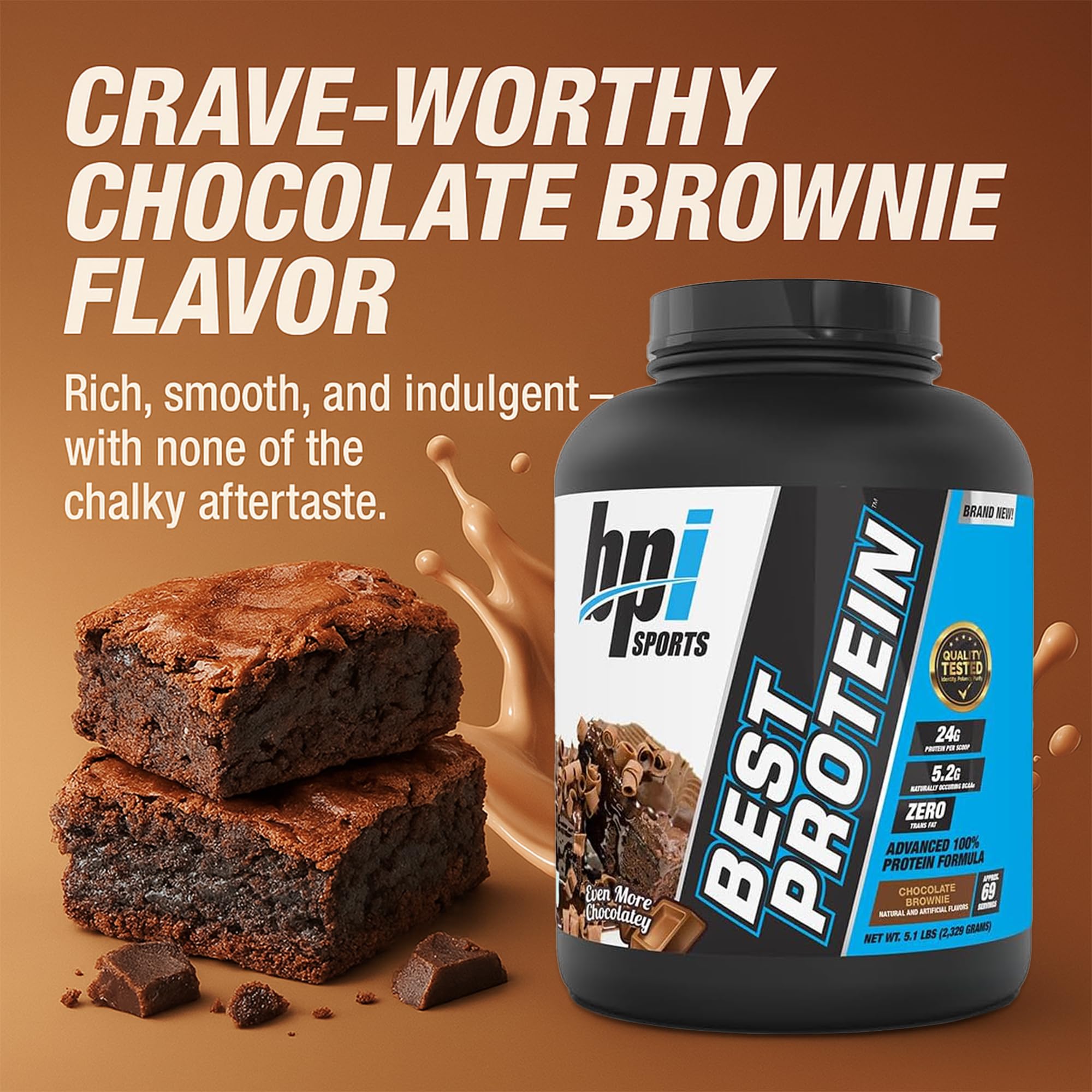 BPI Sports Best Protein chocolate-brownie tub closeup shows rich texture and premium quality.