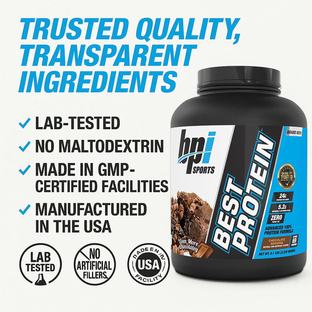 BPI Sports Best Protein nutrition panel highlights high protein per serving and clean ingredients.