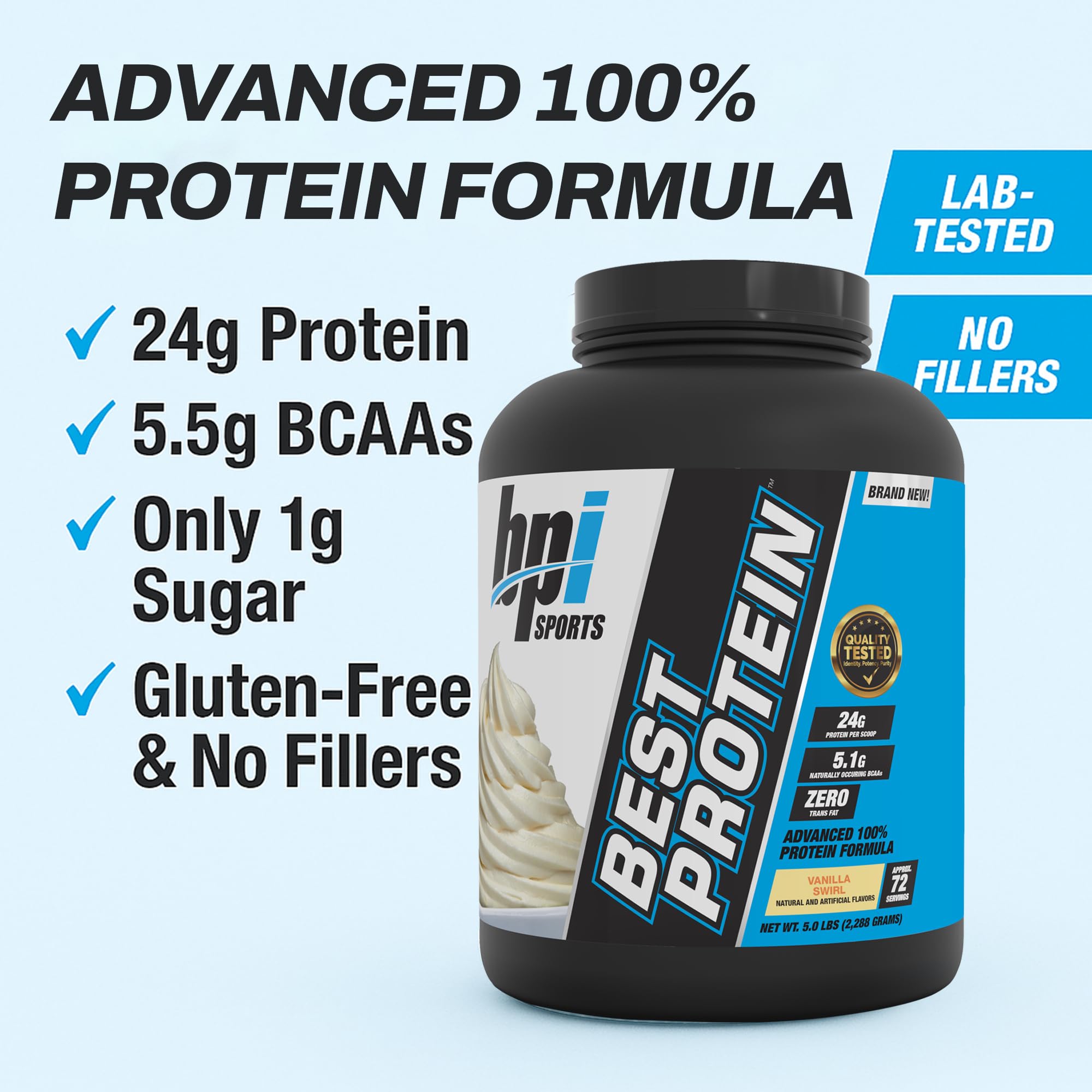 Close-up shows 24g per scoop in premium whey blend.