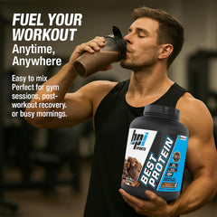 BPI Sports Best Protein scoop-dispense demonstrates convenient post-workout fueling.