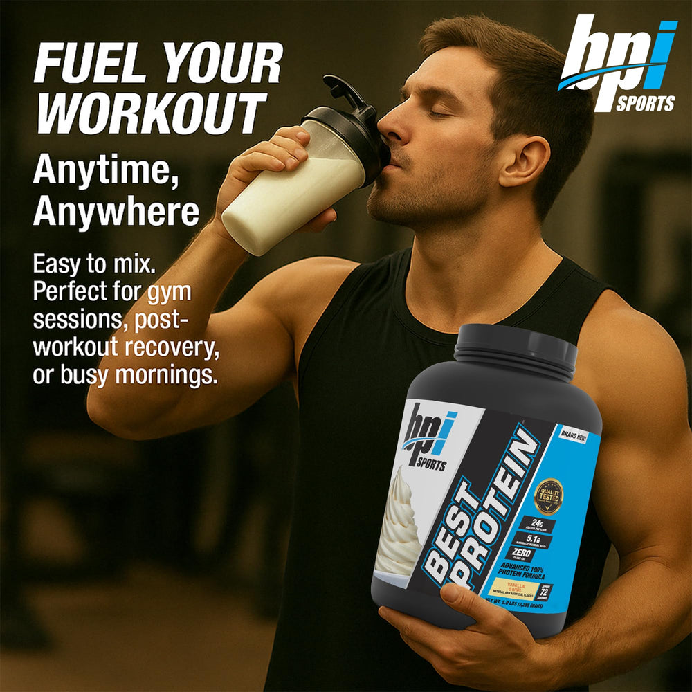 Shaker with Vanilla Swirl shake showing lean muscle recovery potential.