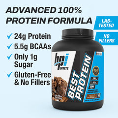 BPI Sports Best Protein tub front view signals premium whey for lean muscle building.