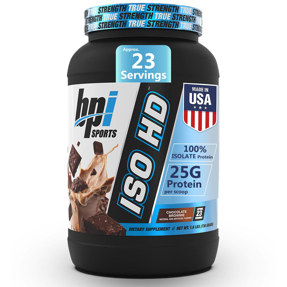 BPI Sports ISO HD chocolate brownie tub showing clean protein and lean nutrition benefits