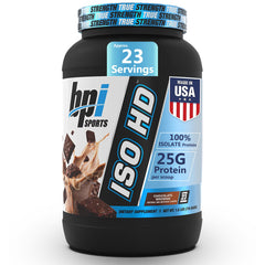 BPI Sports ISO HD chocolate brownie tub showing clean protein and lean nutrition benefits