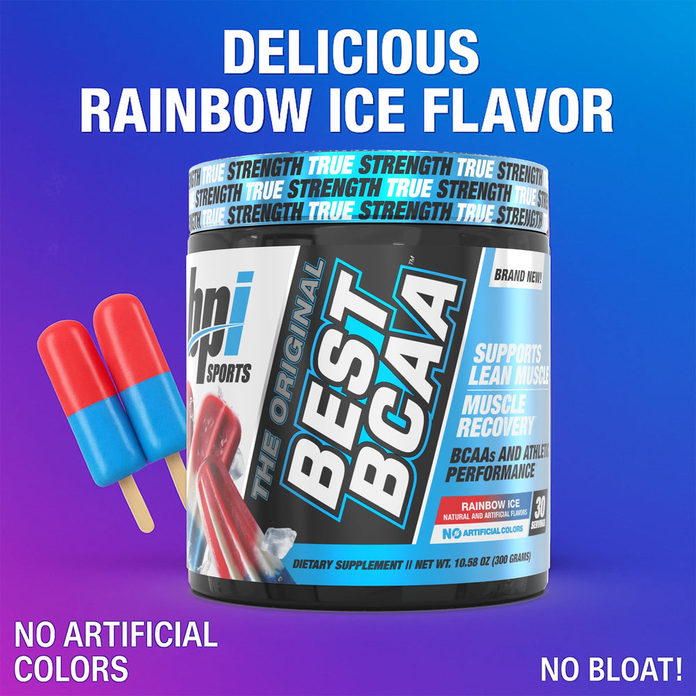 Close-up of Rainbow Ice label on BPI tub for flavor and performance.