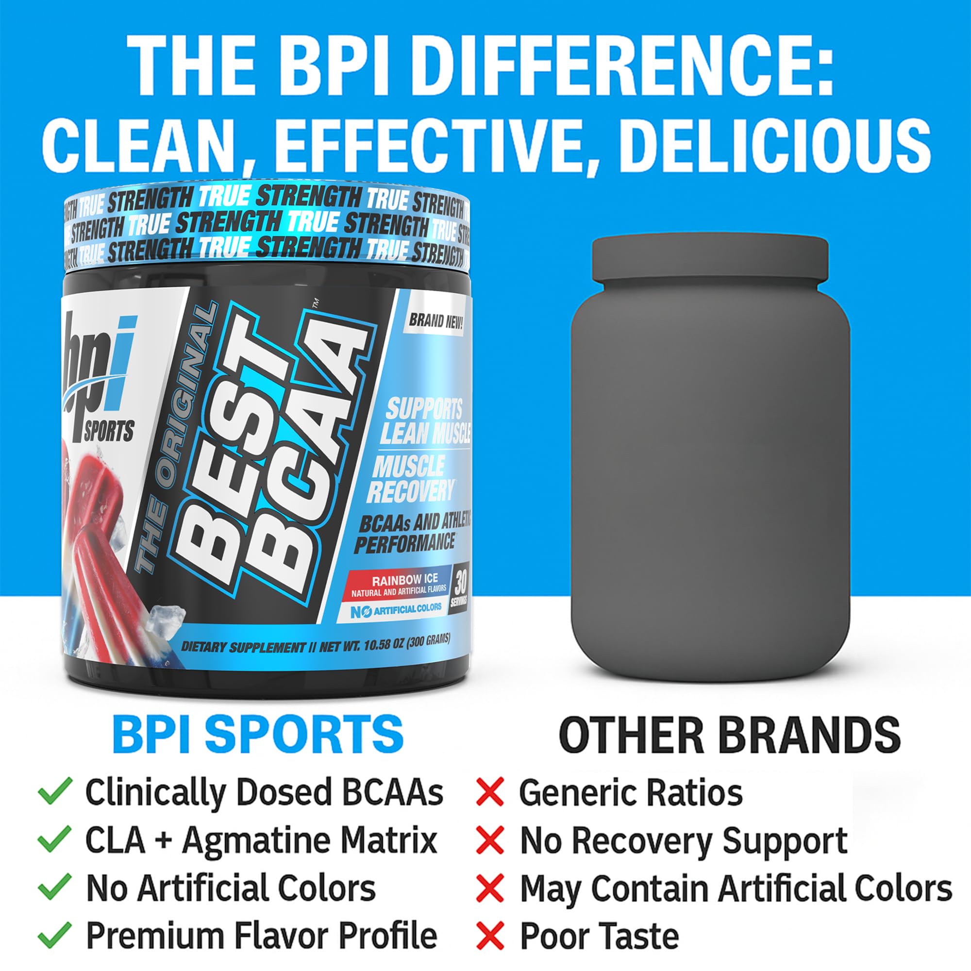 Open BPI Best BCAA Rainbow Ice tub shows powder texture for quick mix.