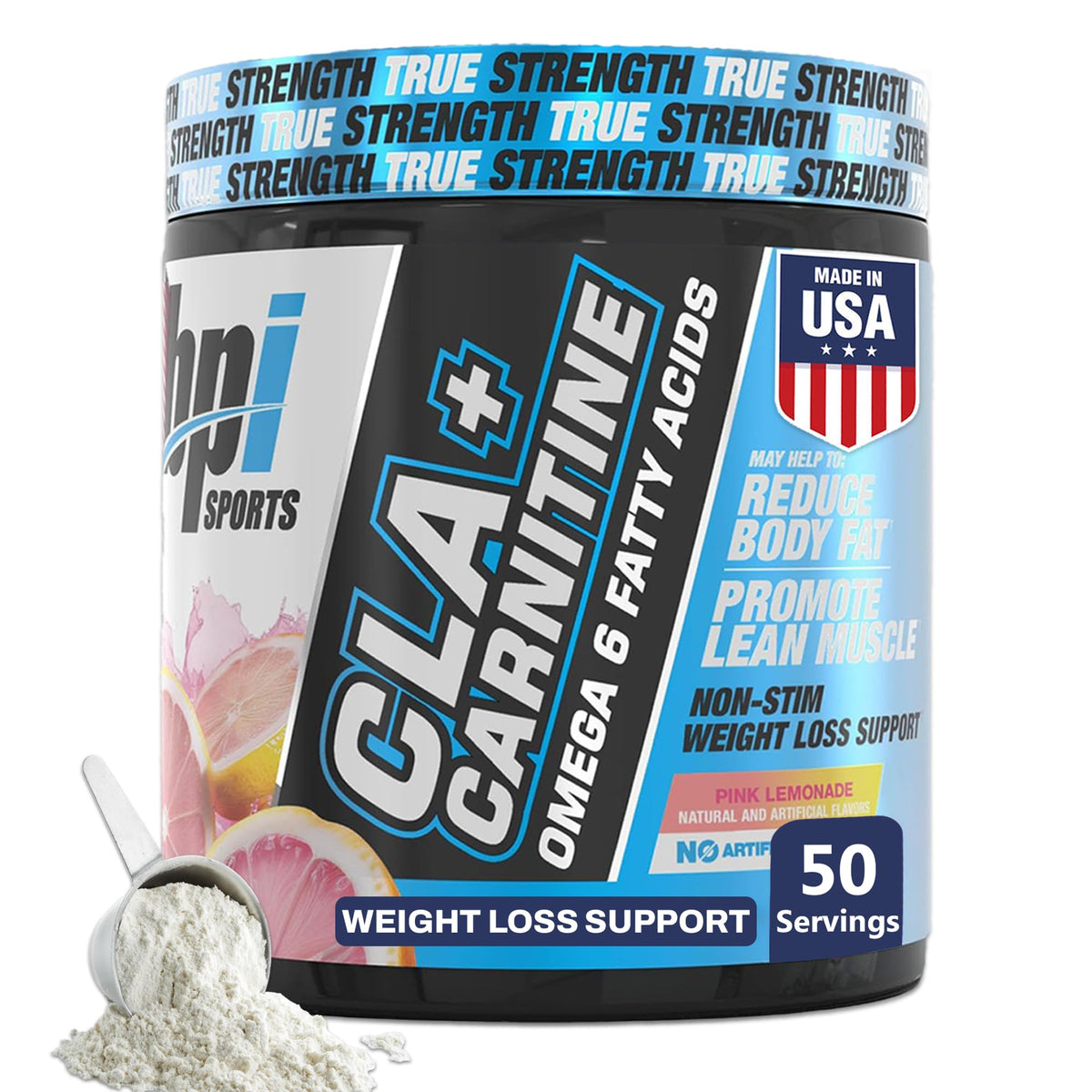 BPI Sports CLA+Carnitine bottle in pink lemonade flavor for non-stimulant fat support.