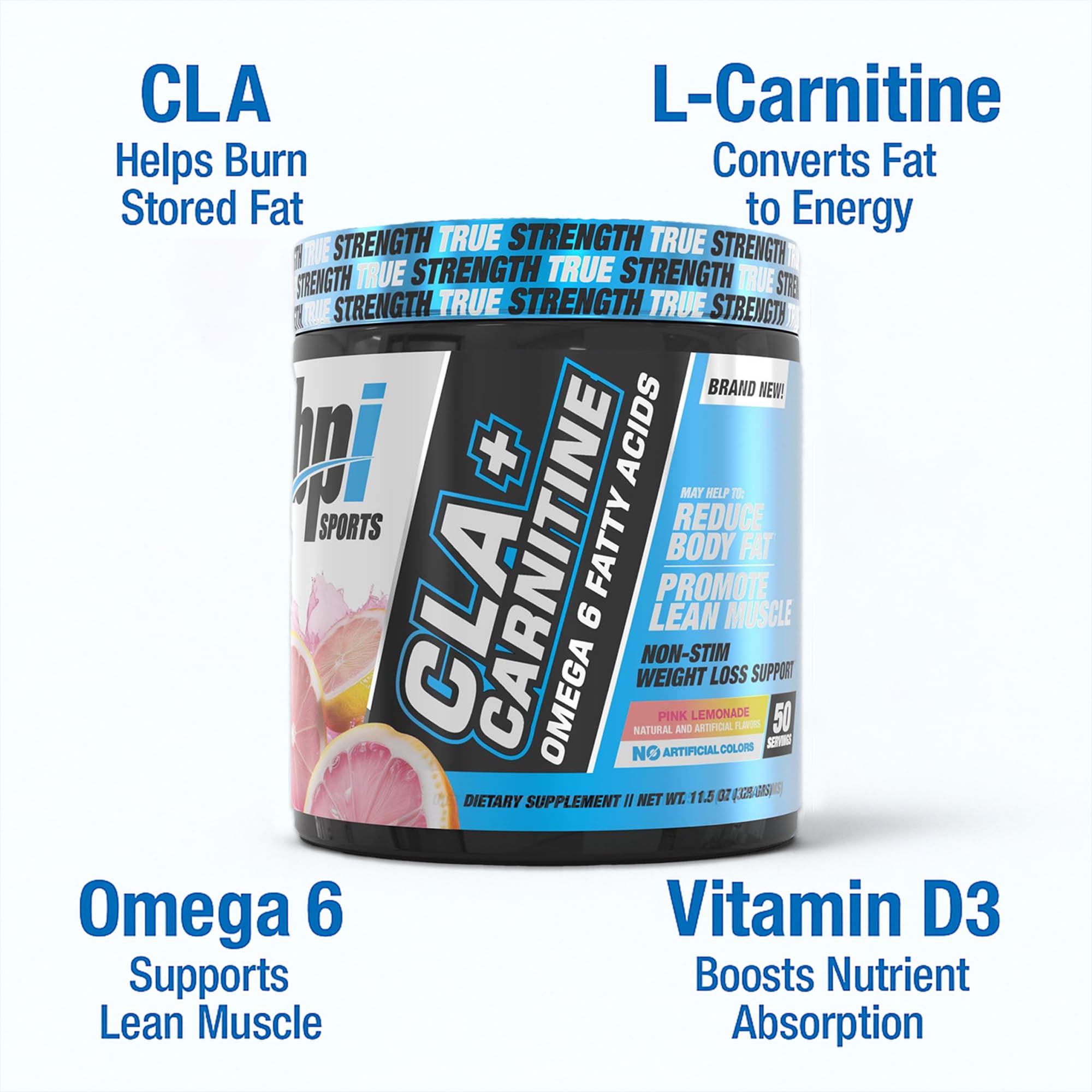 Front-facing BPI CLA+Carnitine bottle in pink lemonade invites refreshing non-stimulant use.