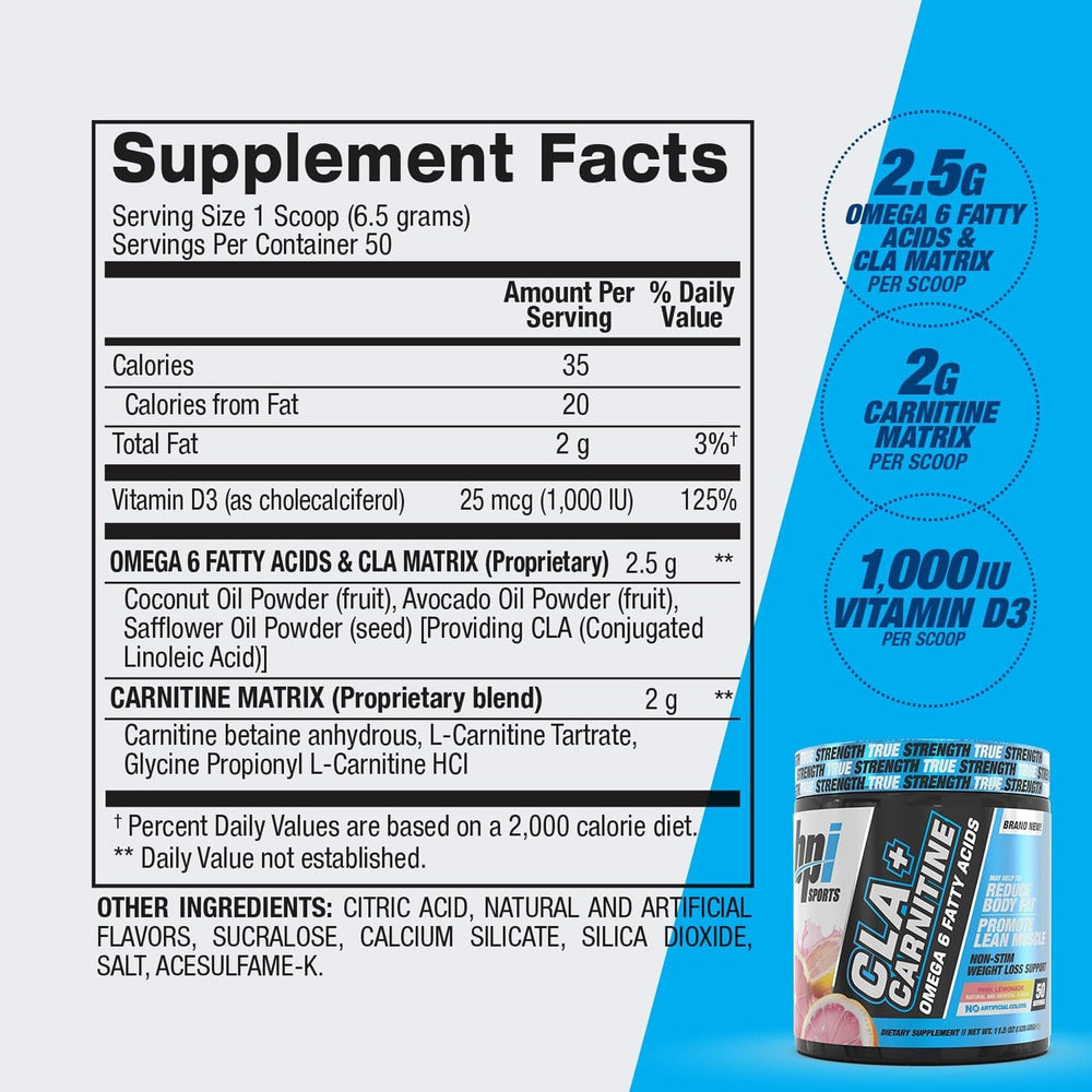 Ingredient icons for CLA and L-Carnitine emphasize potential fat utilization.