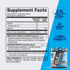 Ingredient icons for CLA and L-Carnitine emphasize potential fat utilization.