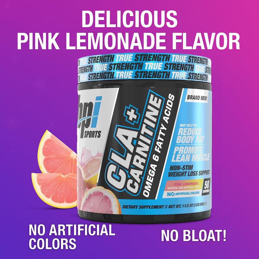 BPI CLA+Carnitine powder scoop shown for convenient metabolism-friendly workouts.